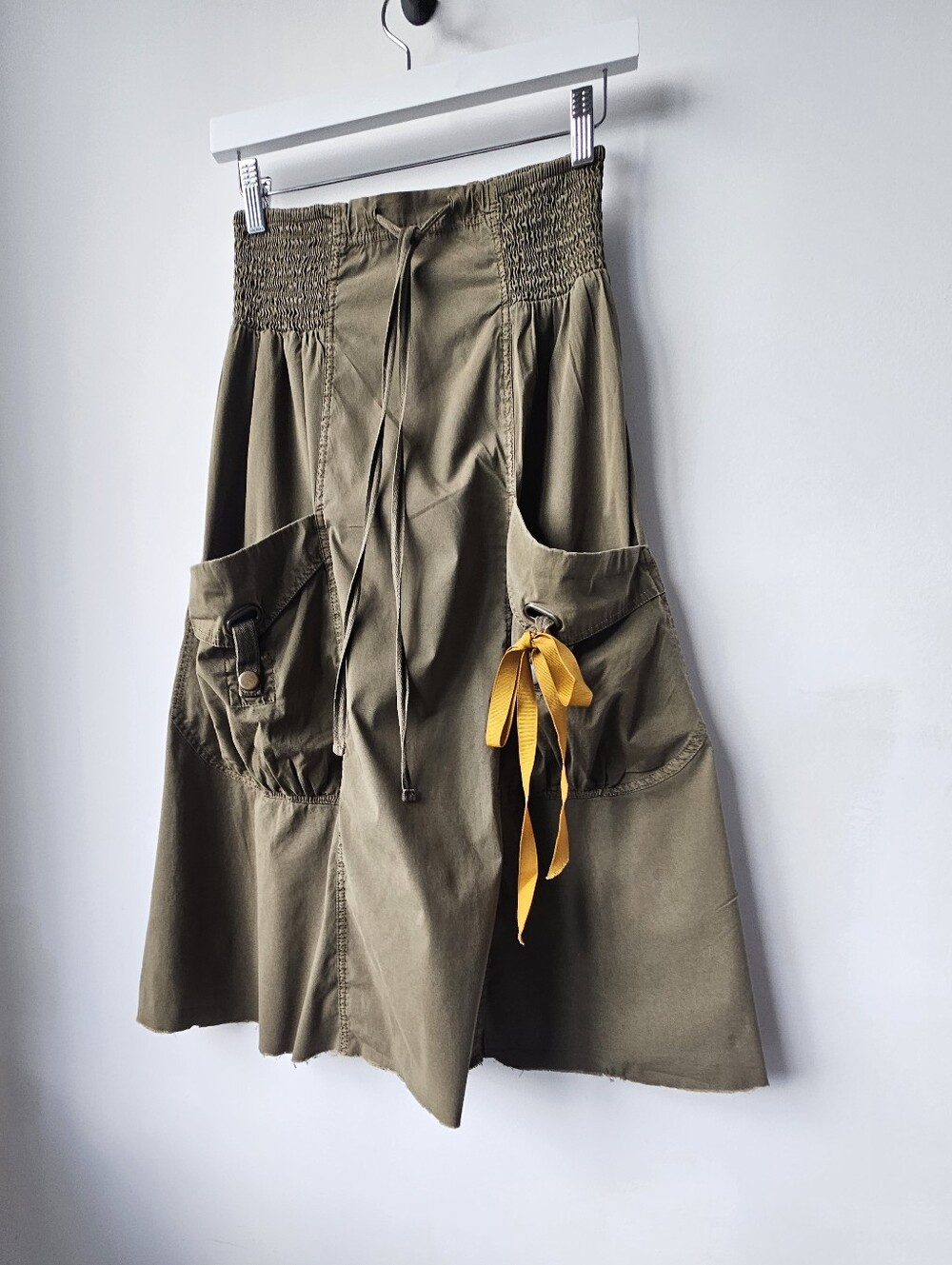 Vintage Handmade Cotton Khaki Cargo Skirt With Ribbon Pocket Accent Midi Skirt